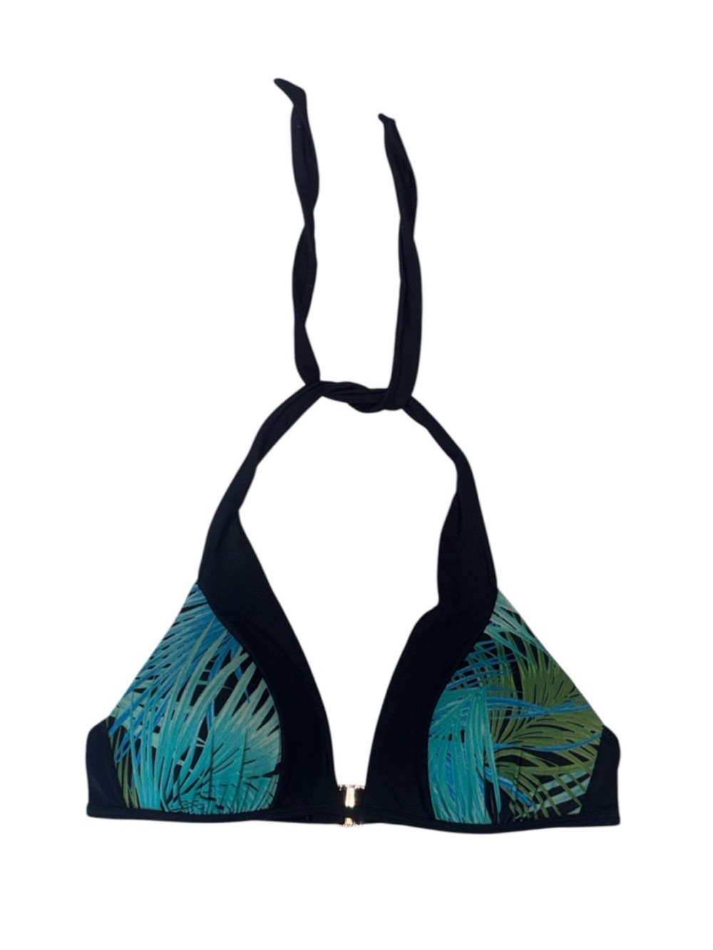Black Halter Bikini Top with Teal Palm Print, L/XL